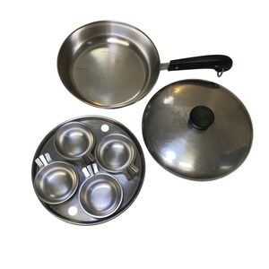 Vintage Revere Ware 8" Copper Bottom Egg Poacher Pan 4 Cup Set w/Lid USA